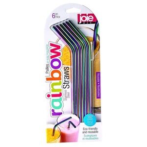 Joie Vibrant Rainbow Stainless Steel Straws, [6 Straws + Cleaning Brush] New